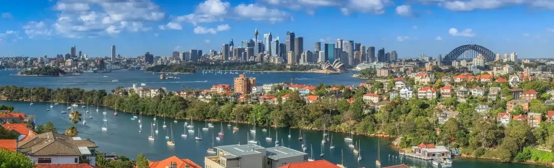 A panoramic view of Sydney's skyline, harbor with boats, and the Harbour Bridge under a bright blue sky.