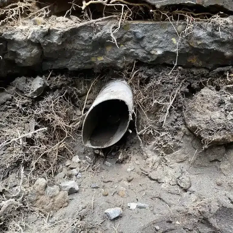 A hollow, gray pipe embedded in dirt beneath a slab of rock, surrounded by small roots.