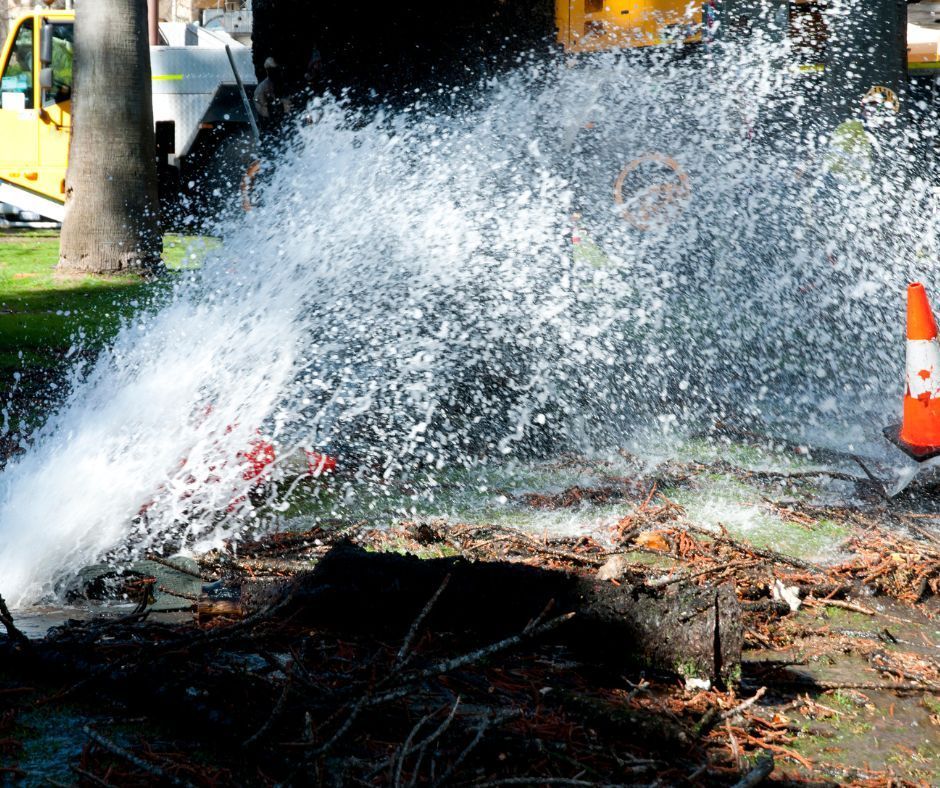 Water sprays from a burst pipe in an outdoor setting, with a traffic cone and heavy machinery nearby.