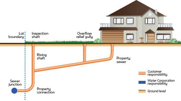 Diagram showing responsibility for home sewer lines, split between the property owner (orange) and water corporation (blue).
