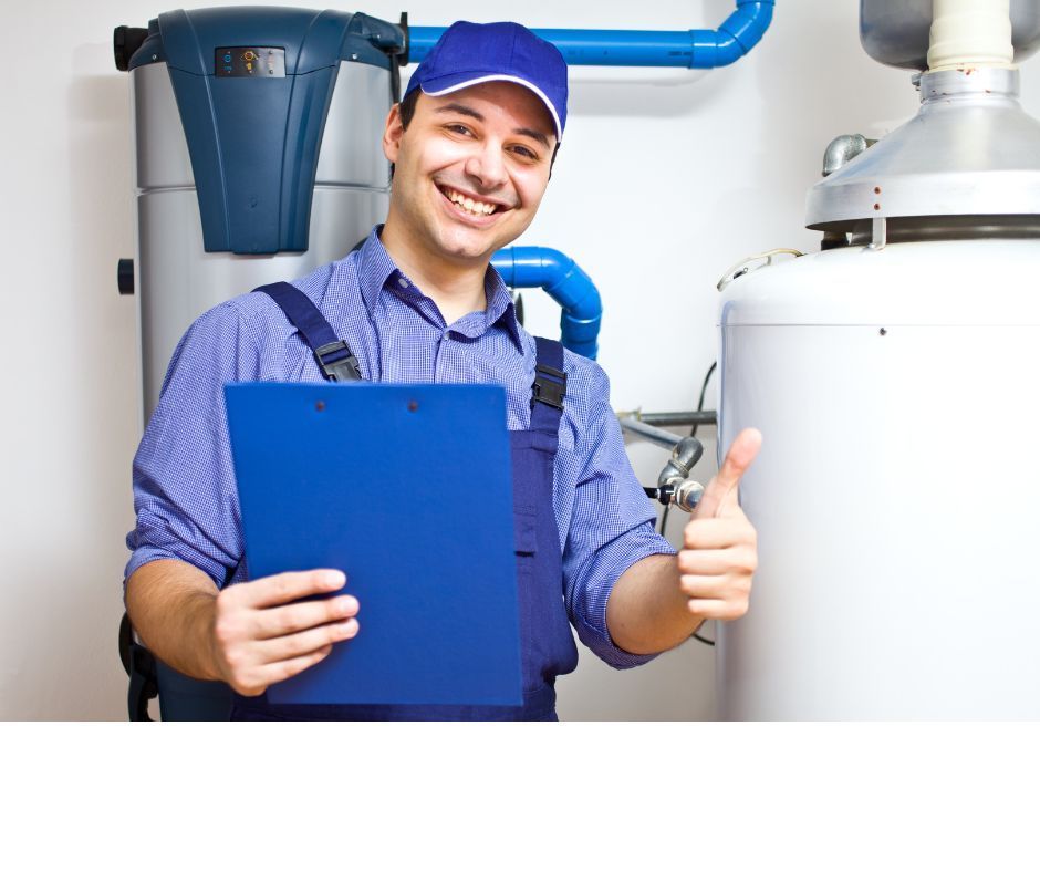 A smiling professional in a blue uniform and cap holding a clipboard and giving a thumbs up in front of water heaters.