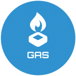 A blue circular icon featuring a white flame above a square stove burner, with the word