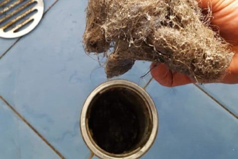 A hand holds a large clump of wet hair and debris removed from a shower drain on a blue tiled floor.