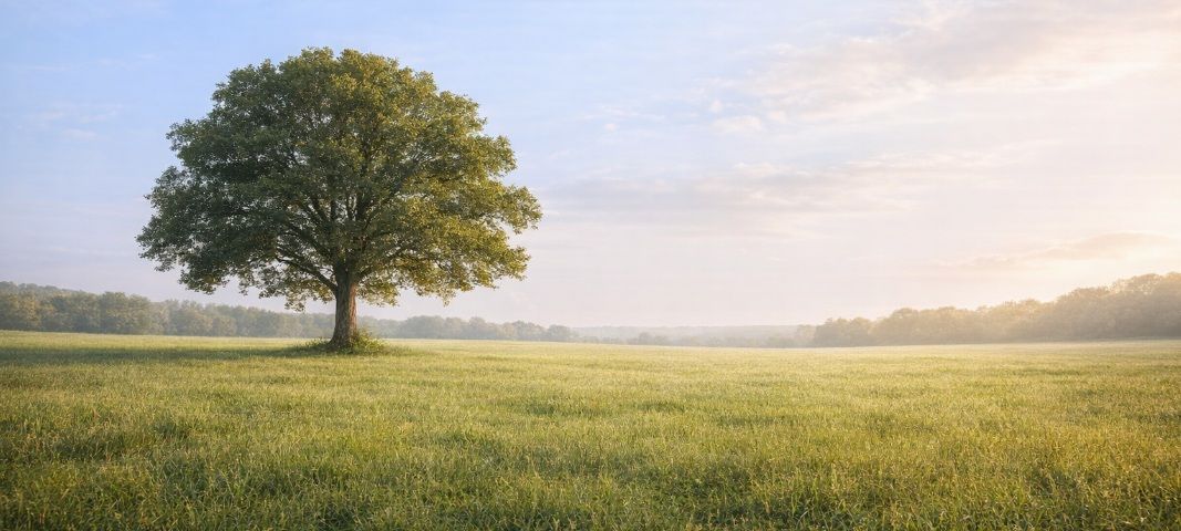Lone tree in an open green field under a bright sky cremations Fernandina Beach, FL