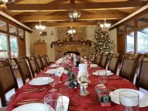 A long table with plates , glasses , silverware and a christmas tree in the background.