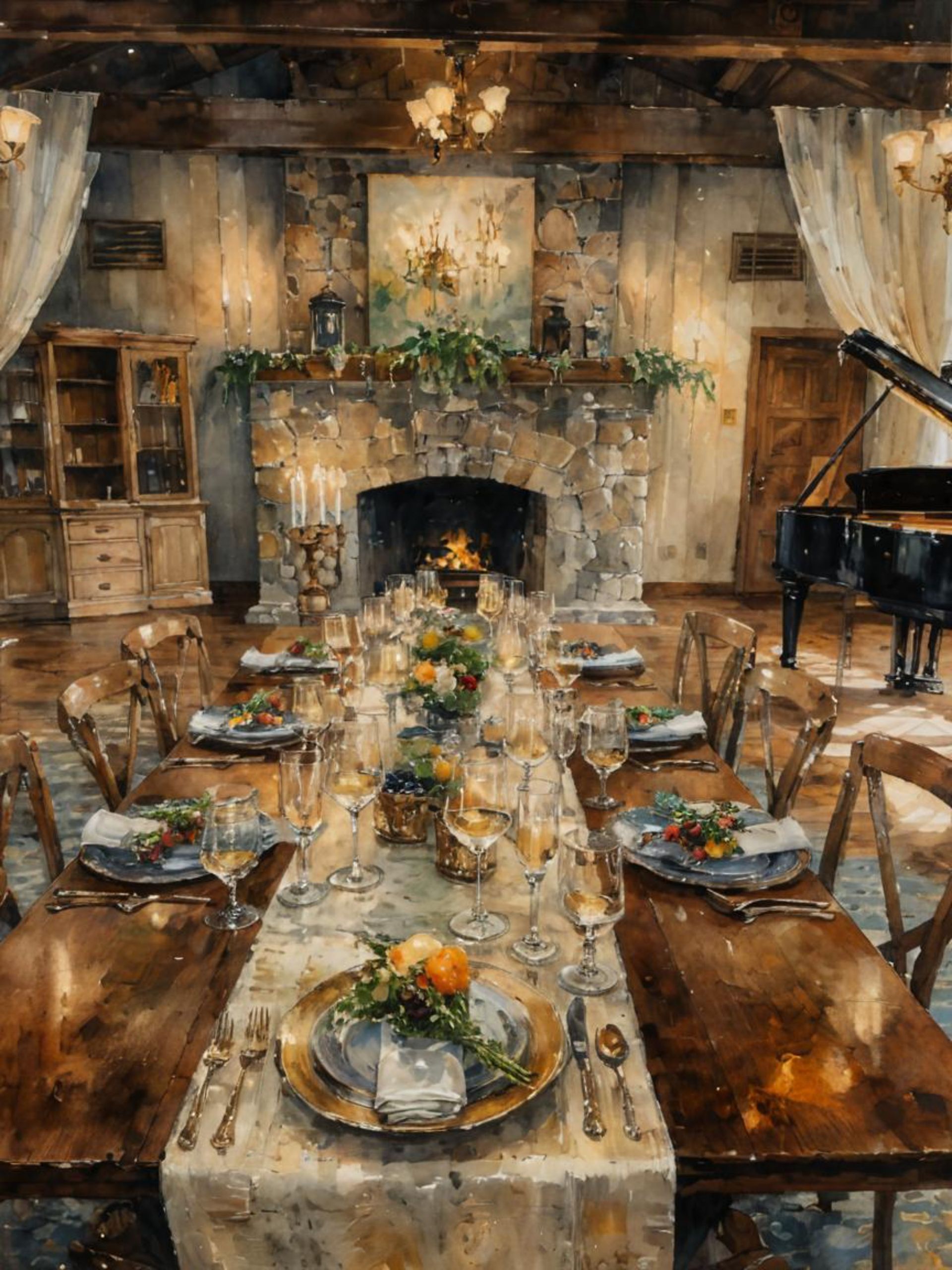 long table set for a sit down dinner