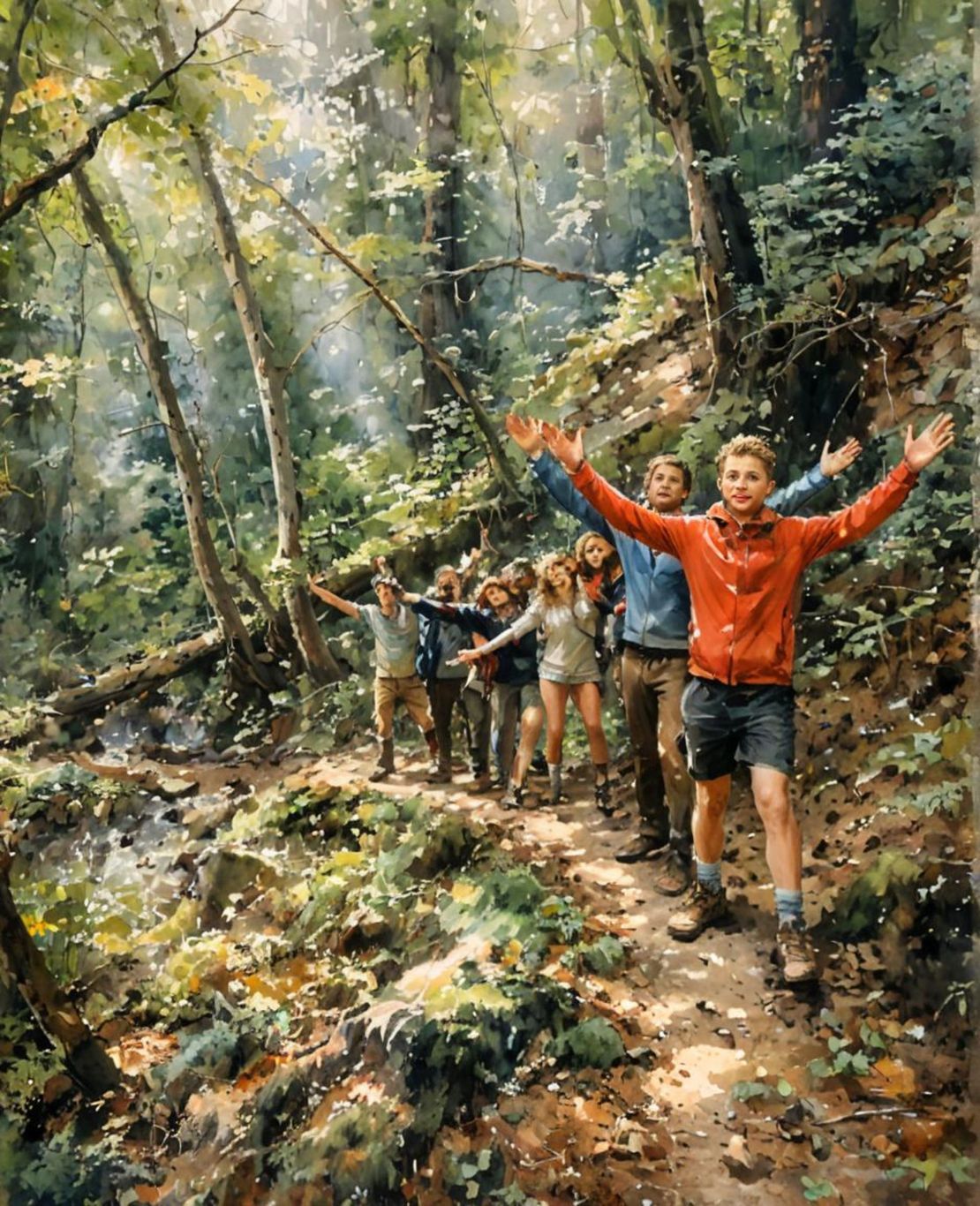 A woman is standing next to a stream in the woods.