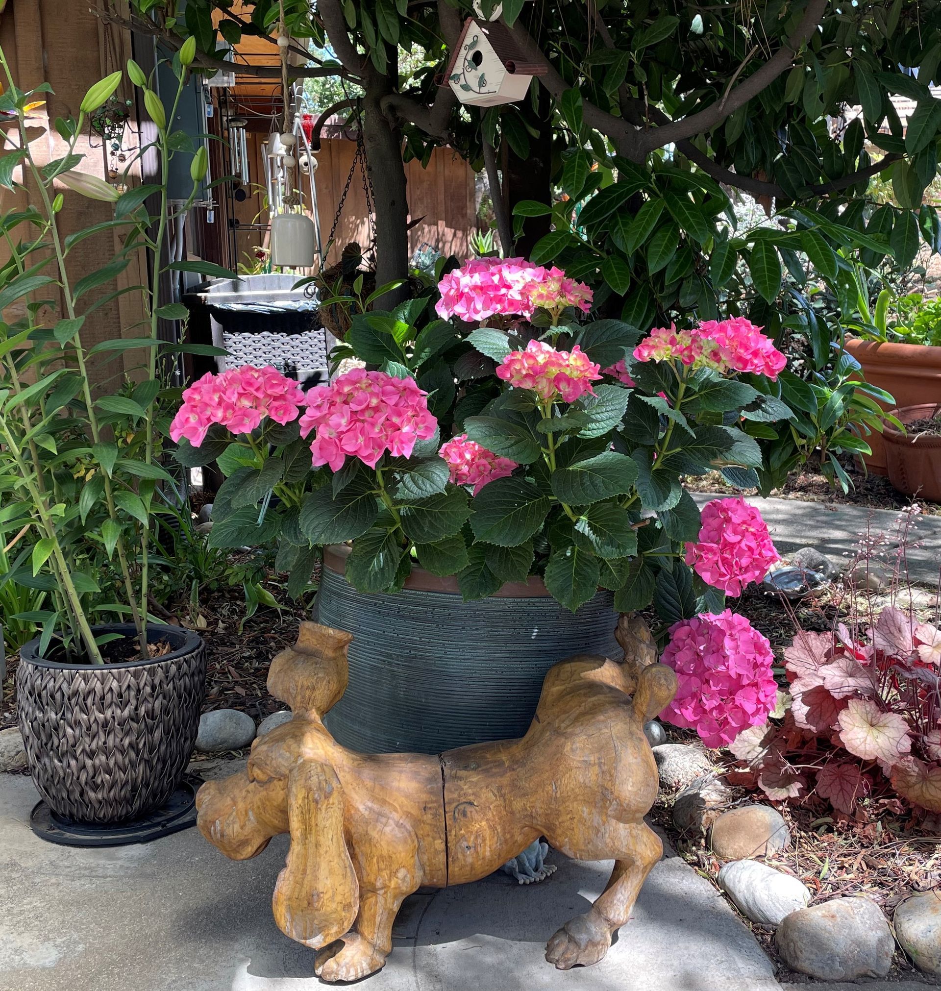 A statue of a dog holding a pot of pink flowers
