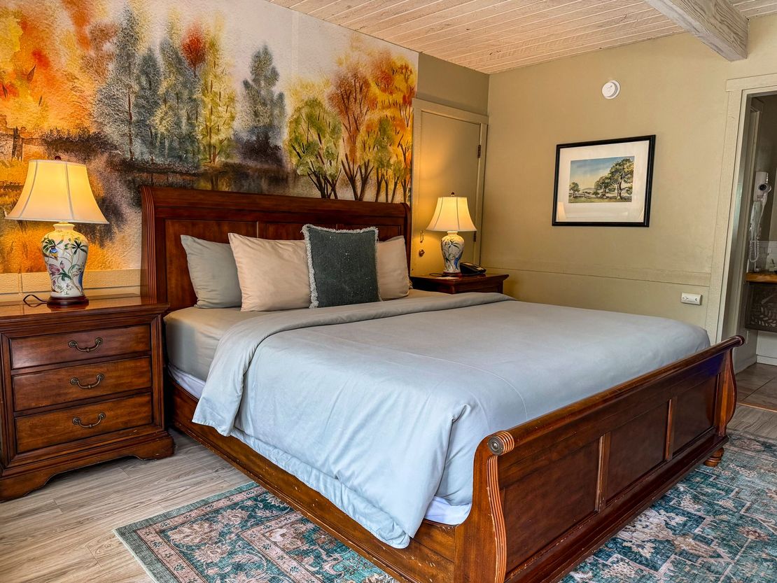 King bed with view of kitchenette and vanity