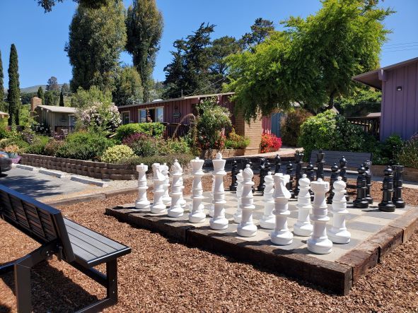 A large chess board is in the middle of a park