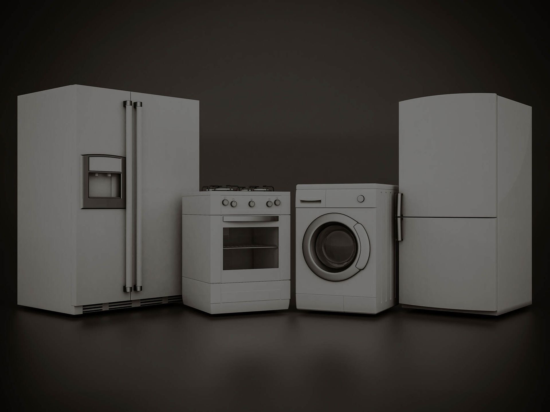 A 3d model of a refrigerator , stove , washer and dryer