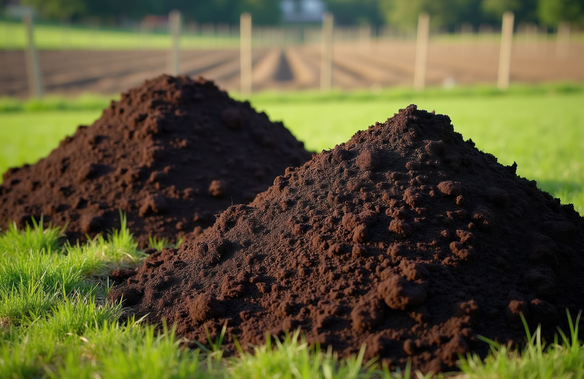Two mounds of topsoil sit on a grassy field.