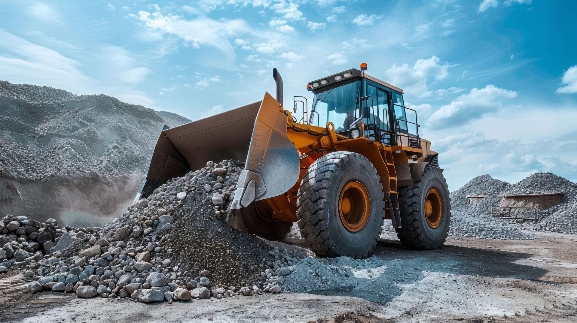 A large excavator at a gravel pit handling sand and stone for industrial site projects.