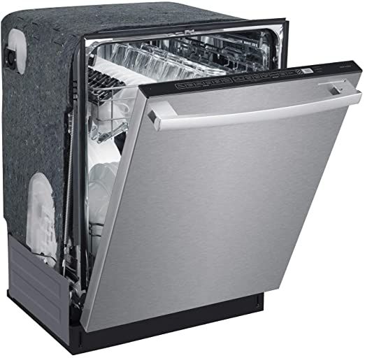 A stainless steel dishwasher with the door open