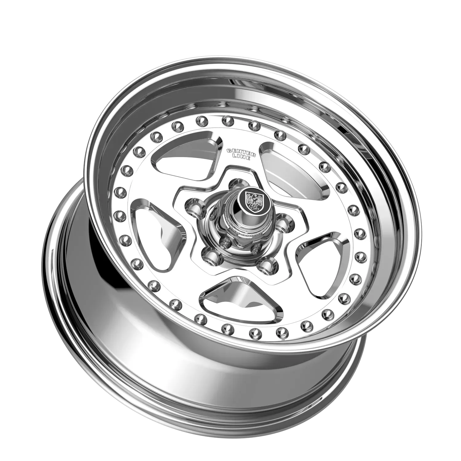 A close up of a chrome wheel on a white background.