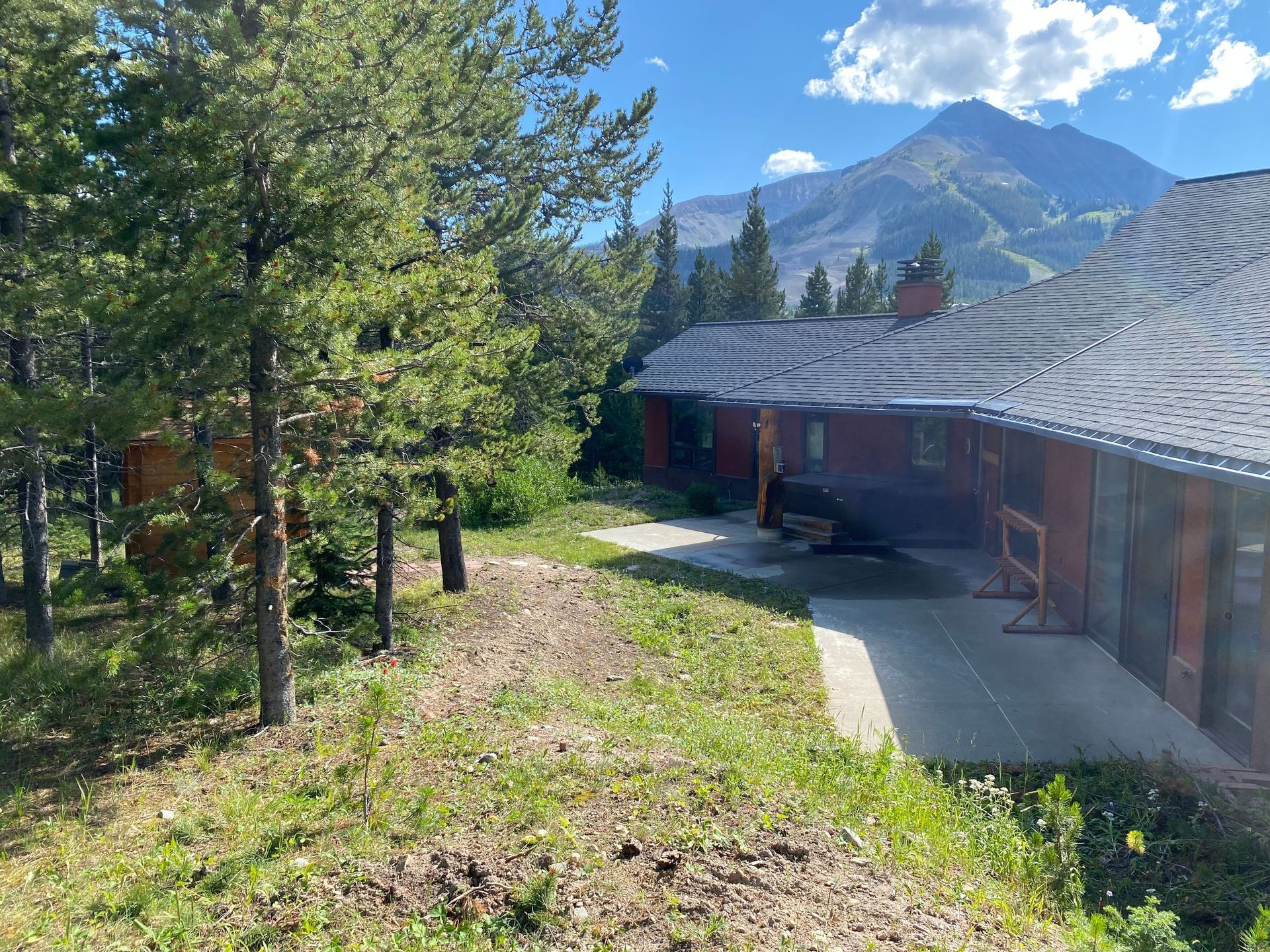 Lodge beside a forested mountain slope, with tall pines and a clear blue sky in the background