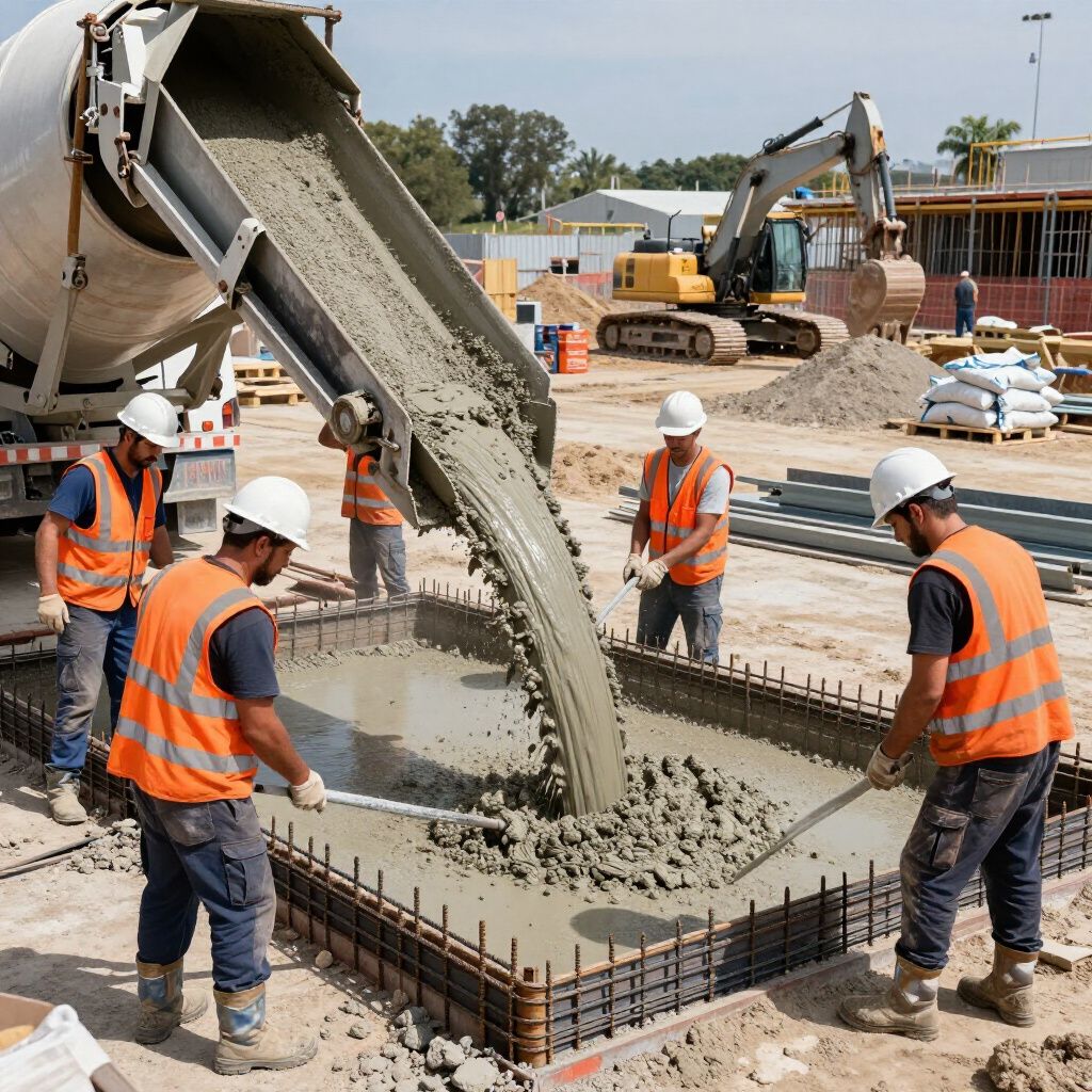 Concrete being poured from a truck into a rectangular form; construction workers use shovels to level it.