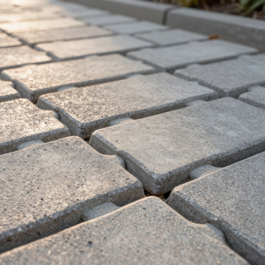 Close-up view of gray interlocking concrete pavers forming a walkway or path.