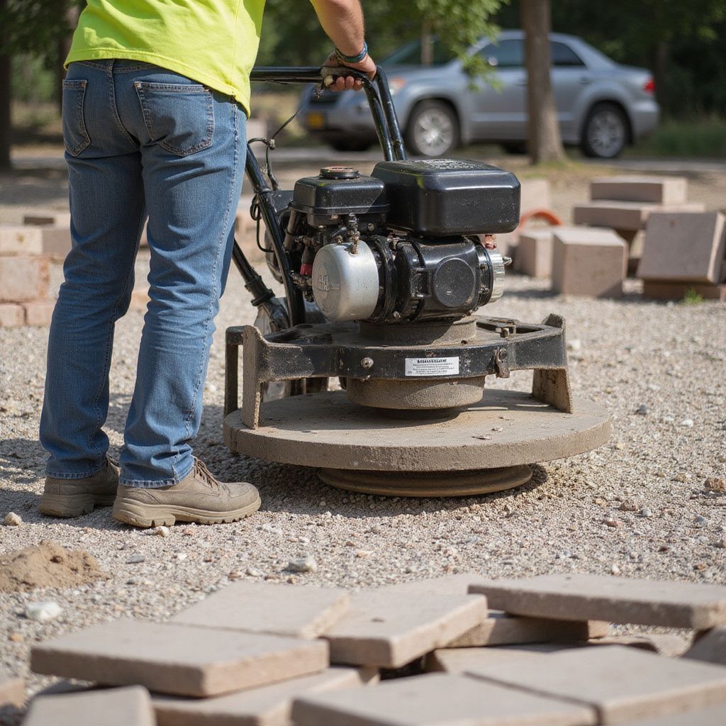 Person operating a plate compactor on a gravel surface, surrounded by paving stones.