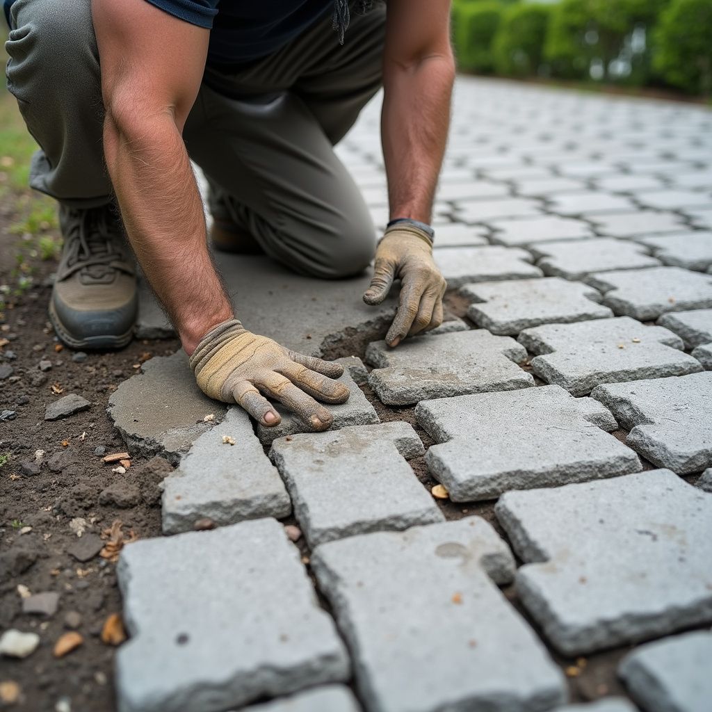 A person wearing work gloves kneels, placing concrete pavers on a walkway.