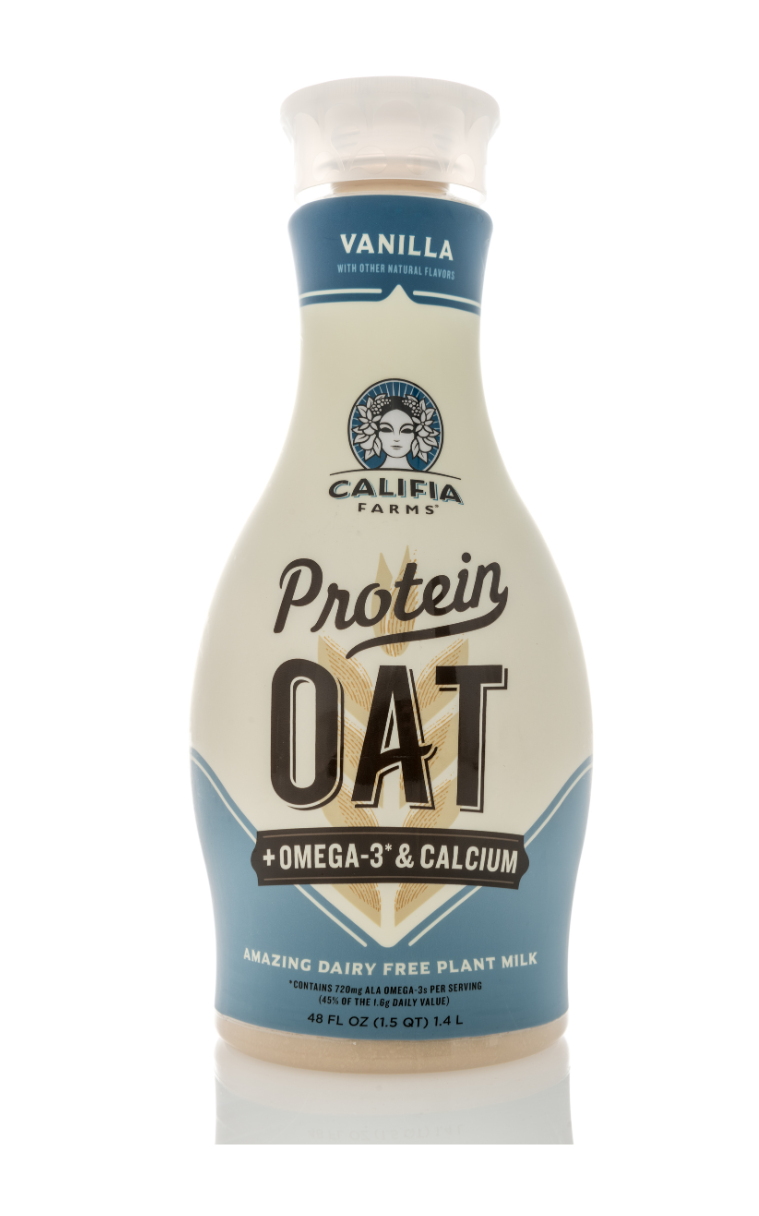 A bottle of protein oat milk in vanilla flavor