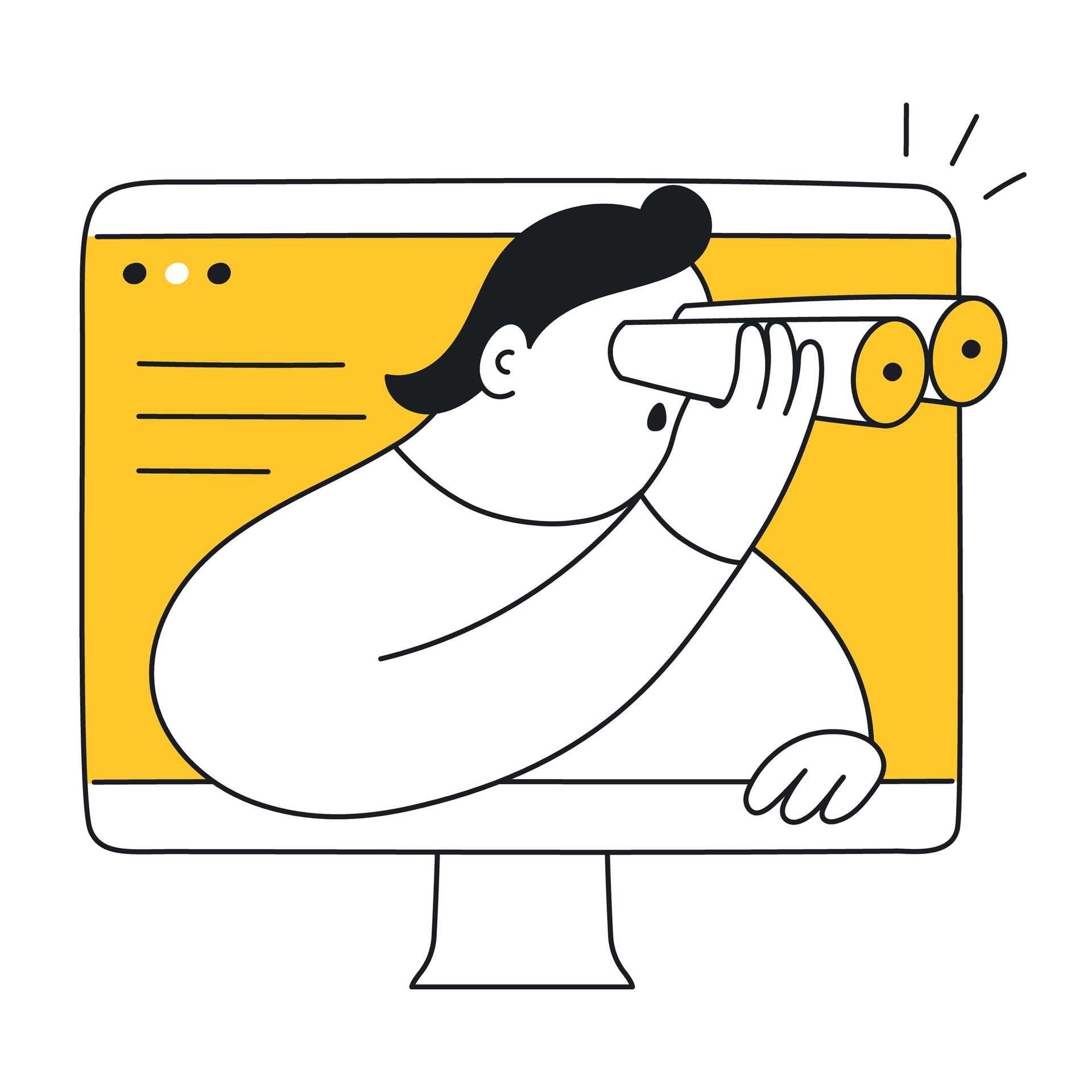 A man is looking through binoculars on a computer screen.