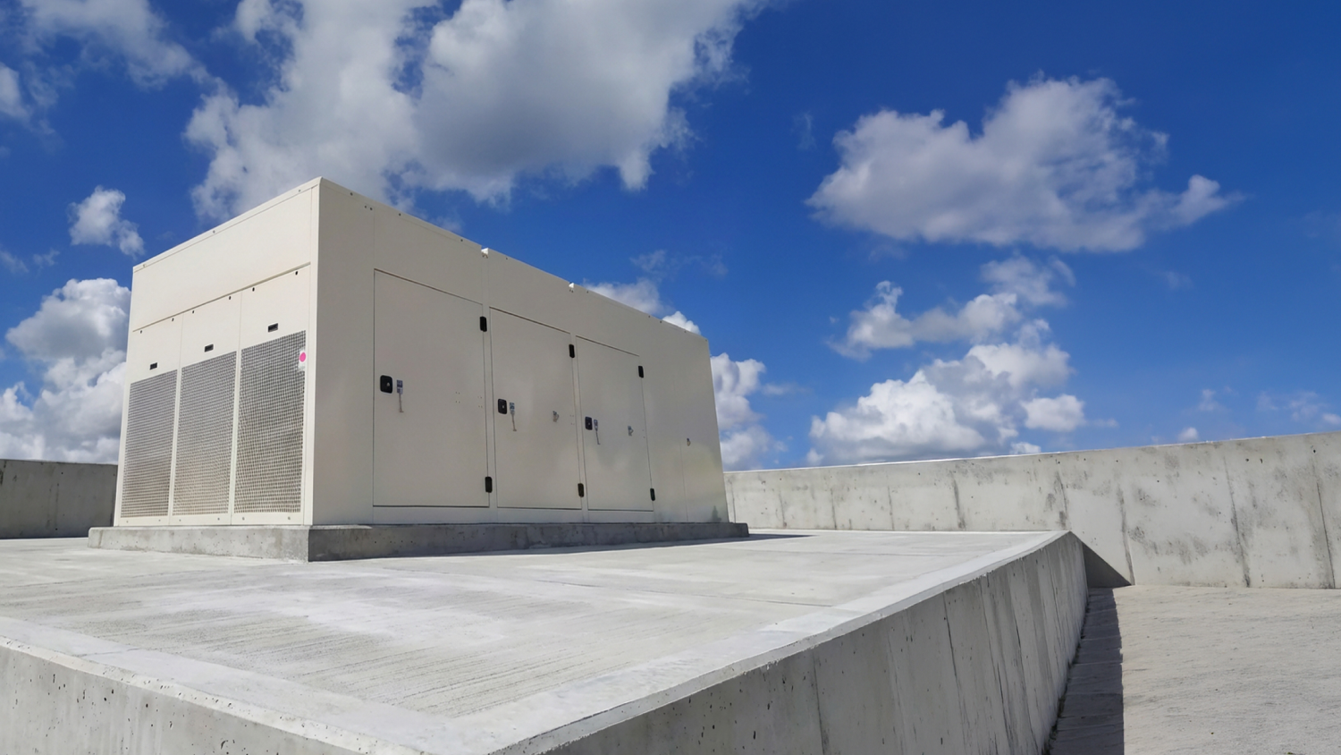 Large weatherproof outdoor enclosure with integrated louvers for ventilation and climate control.