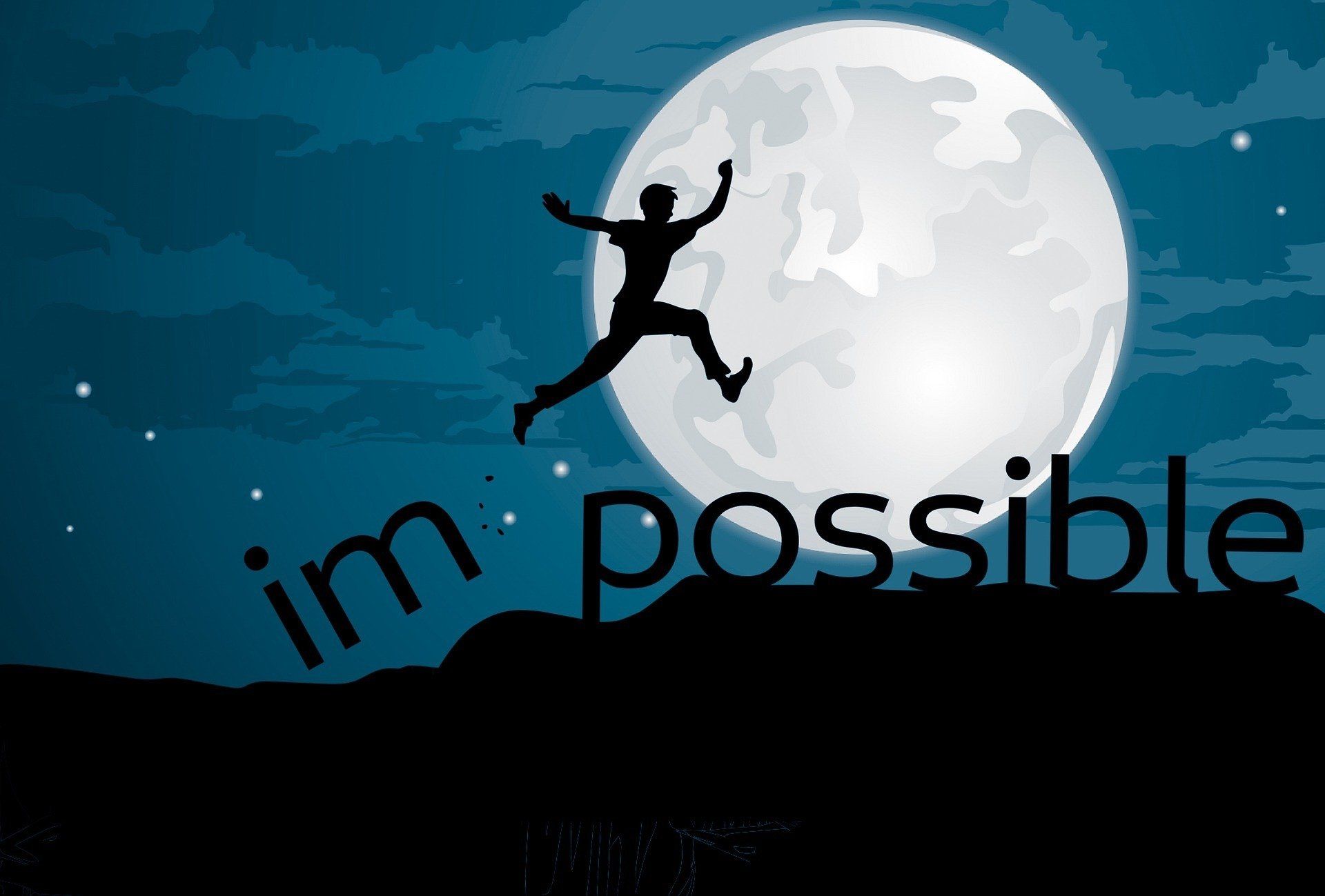 A silhouette of a man jumping in front of a full moon with the words im possible written below him