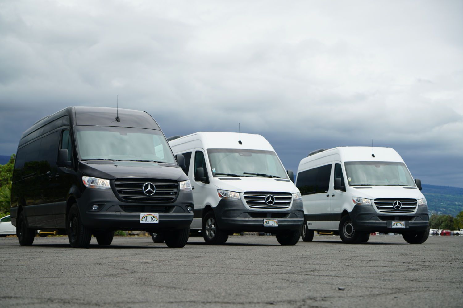 Three mercedes vans are parked next to each other in a parking lot.