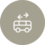 A double decker bus with two arrows pointing in opposite directions.