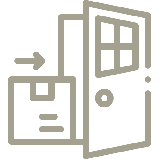 A line drawing of a door with a window and an arrow pointing to the right.