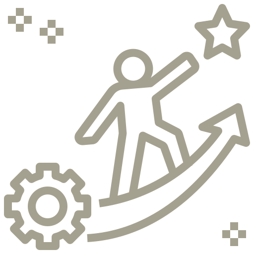A line drawing of a man standing on top of a rising arrow.