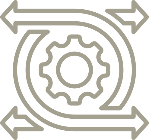 A line drawing of a gear and arrows in a circle.