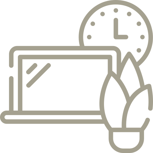 An icon of a laptop , clock , plant and light bulb.