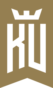 A white logo with a crown on a brown background.