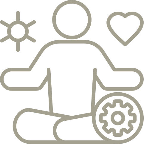 A person is sitting in a lotus position with a gear and a heart.