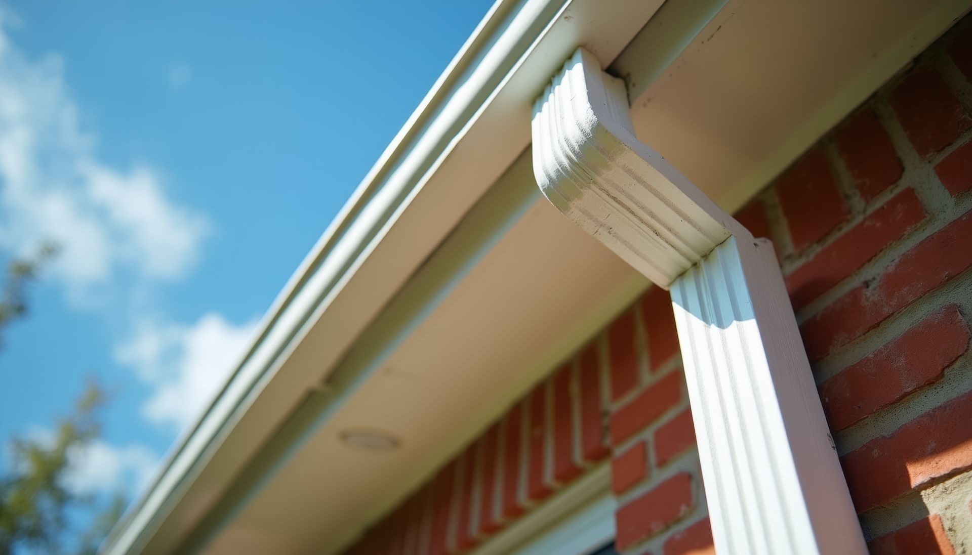 White seamless gutter and downspout on a red brick home against a blue sky.