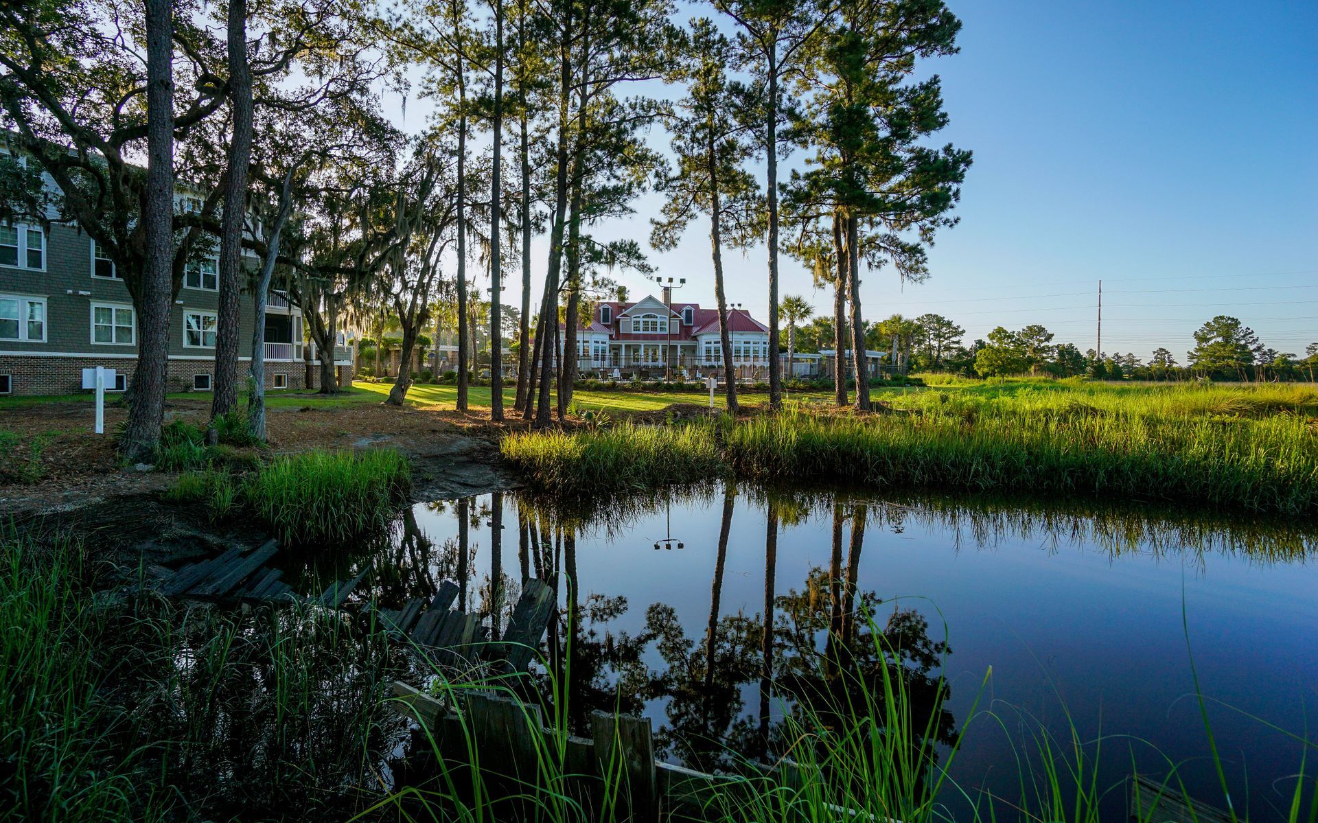 Trees and a calm pond reflecting a sunny sky beside houses and greenery at Grand Oaks at Ogeechee River in GA