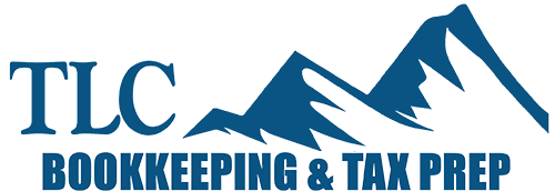 Logo with "TLC" above a blue mountain graphic and "BOOKKEEPING & TAX PREP" below in blue text.