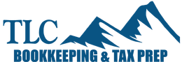Logo with "TLC" above a blue mountain graphic and "BOOKKEEPING & TAX PREP" below in blue text.