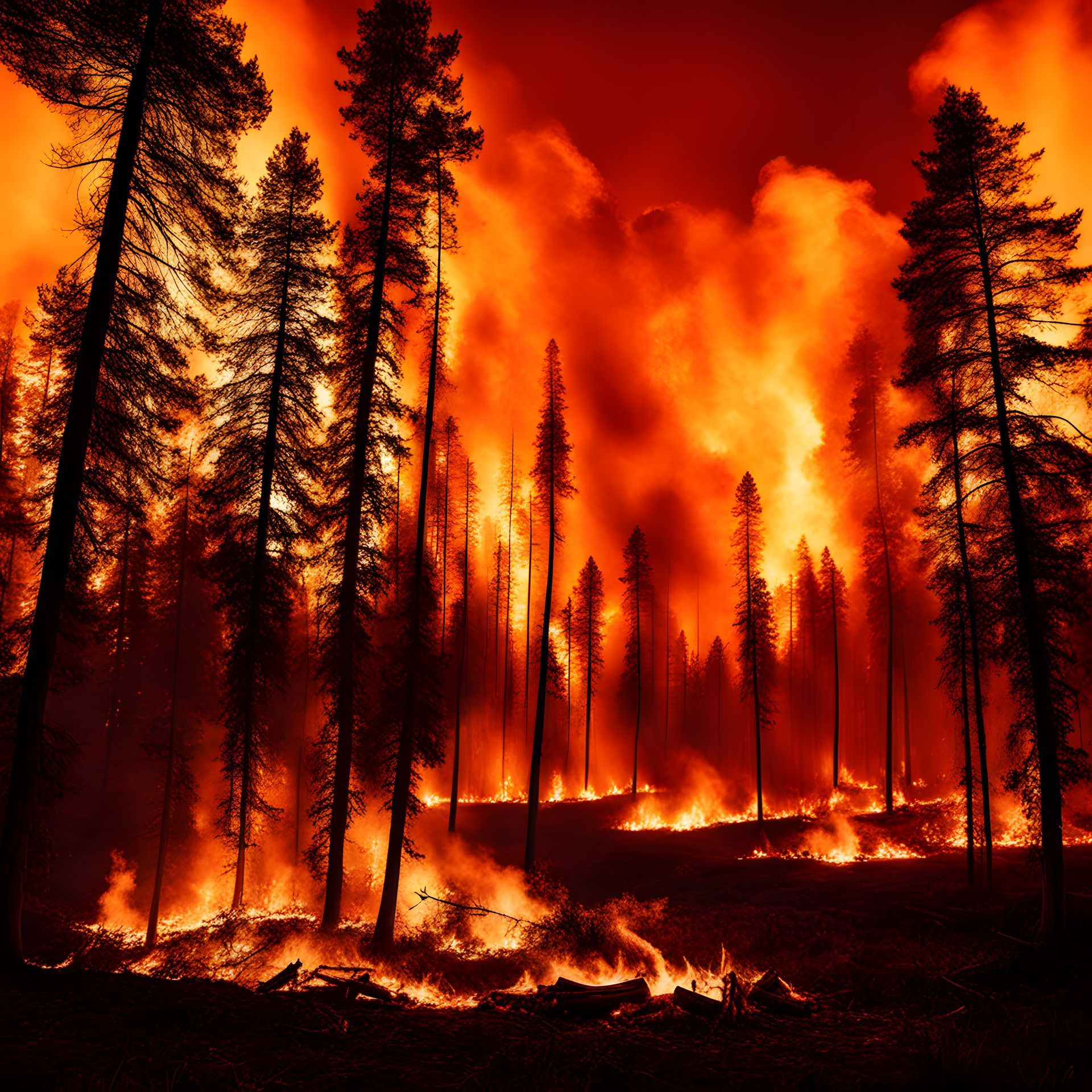 Forest fire engulfing trees in a fiery  blaze; representing wildfire claims in California.