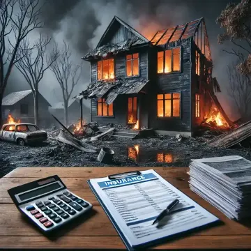 An image of a home on fire and a desk sitting outside