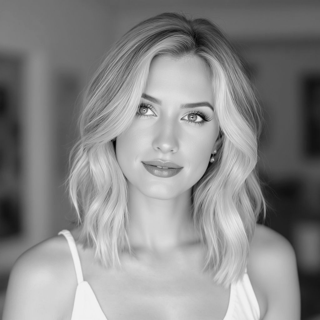 Woman with wavy blonde hair, wearing a white top, looking directly at the camera with a slight smile.