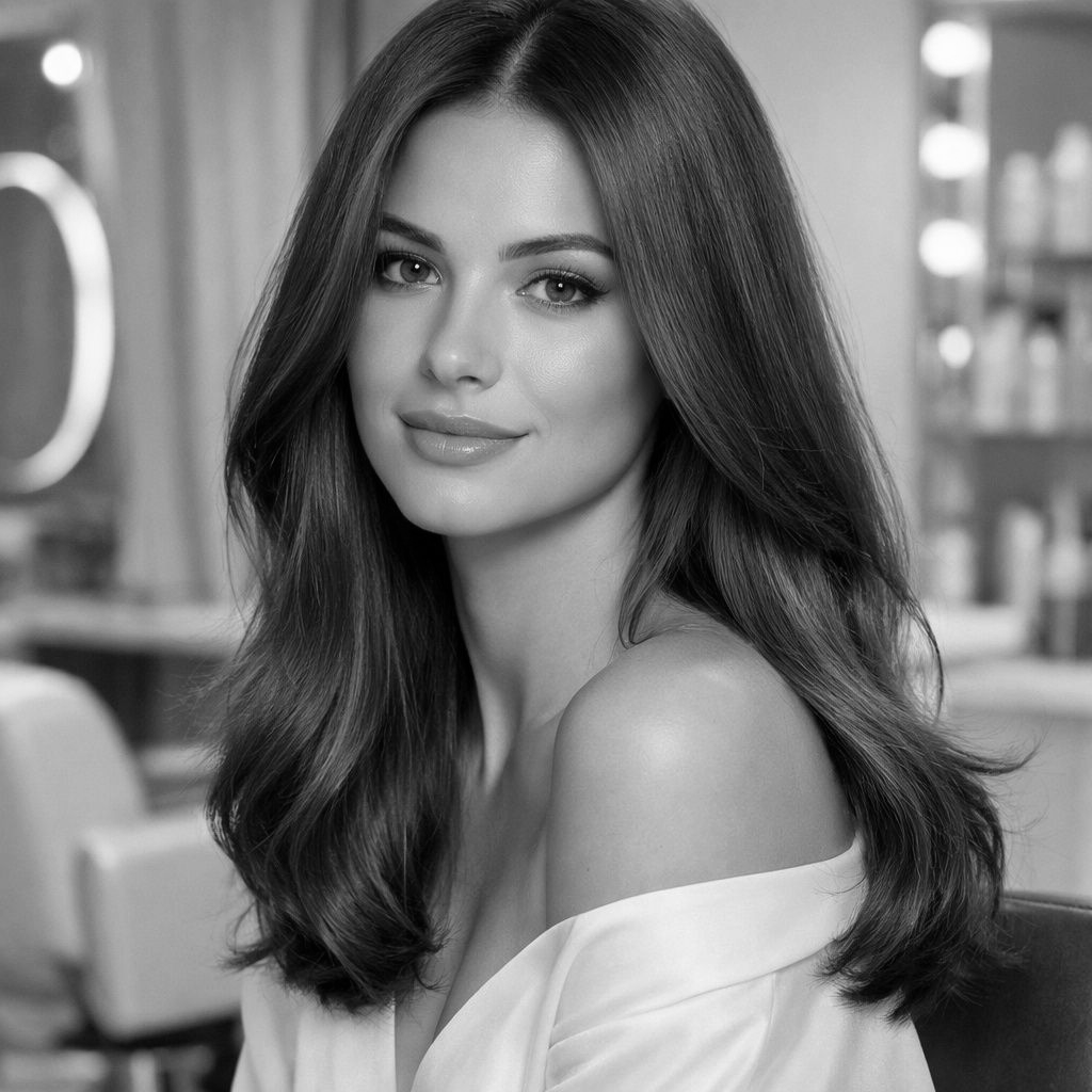 Woman with long hair before and after styling.