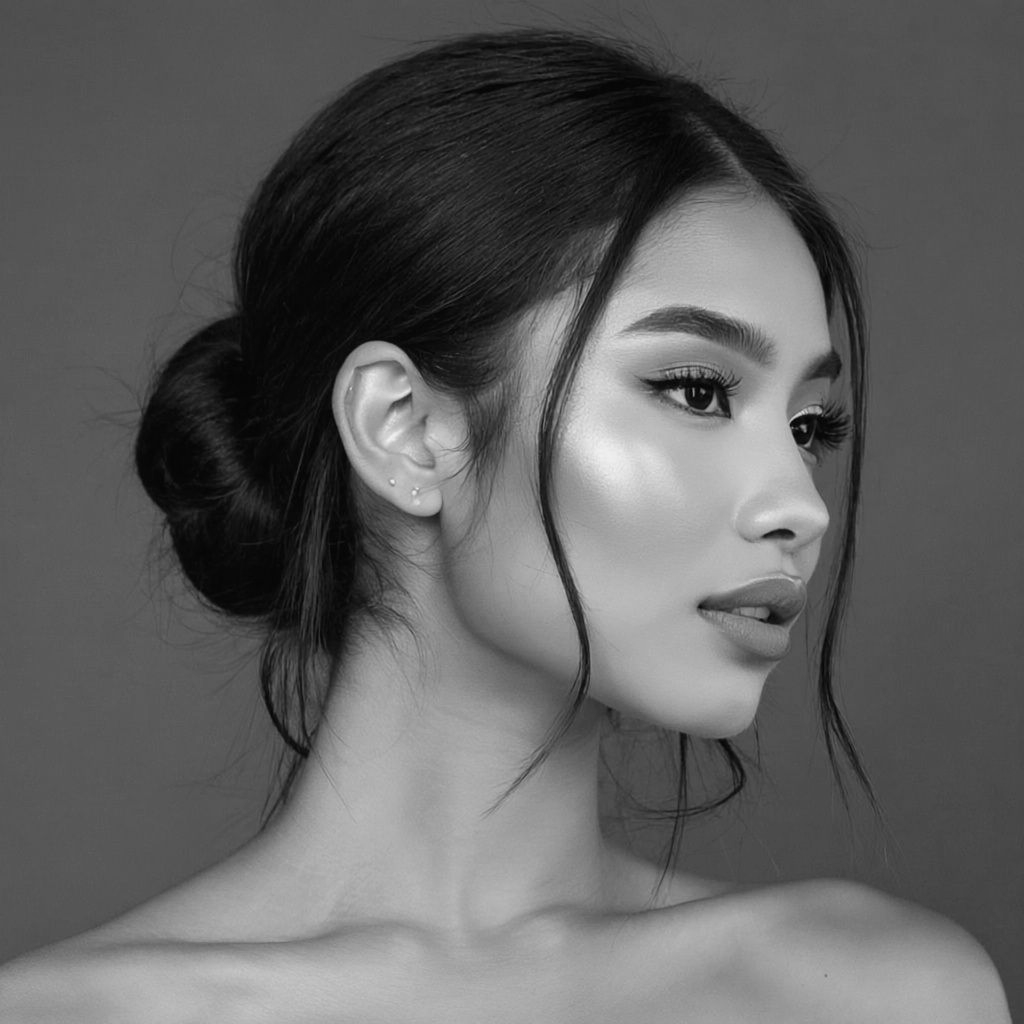 Woman with dark hair in a bun, wearing makeup, looking right.