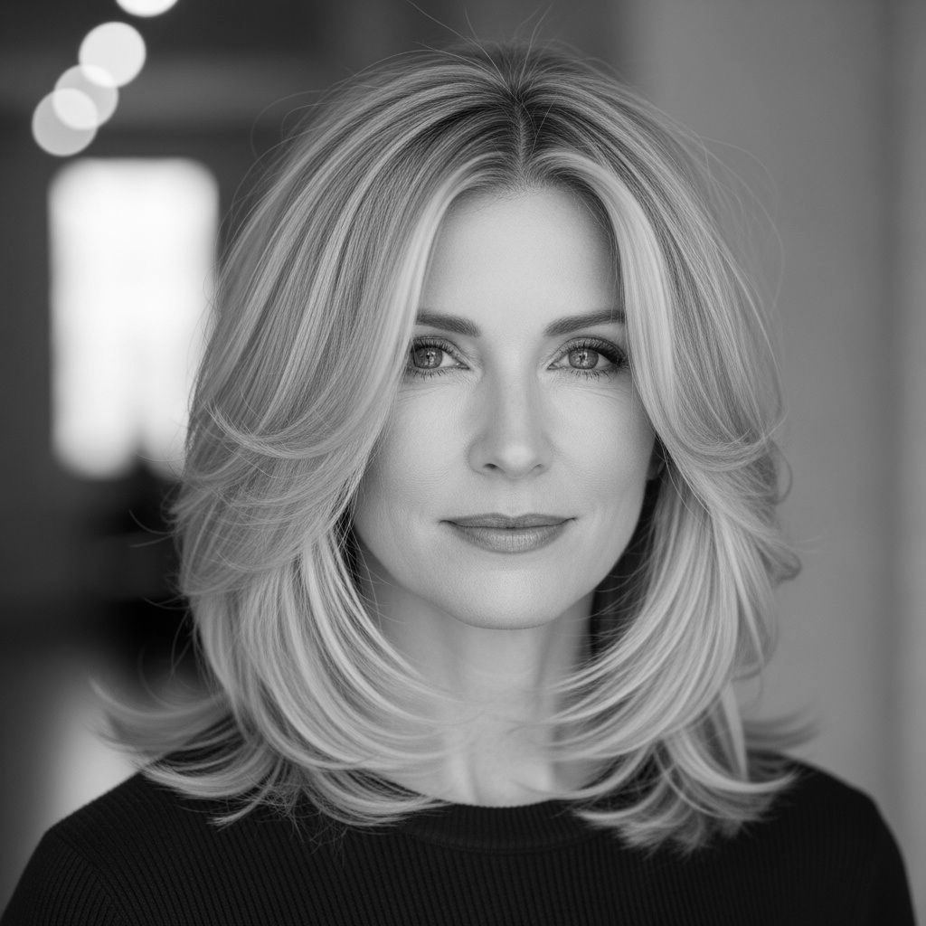 Woman with layered blonde hair, looking directly at the camera, wearing a black top, indoors.