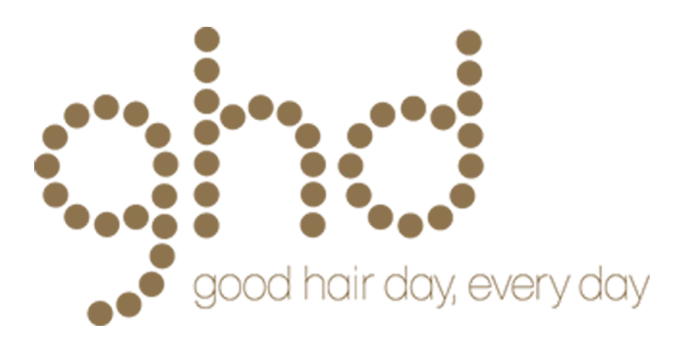 GHD logo in brown dots spelling 