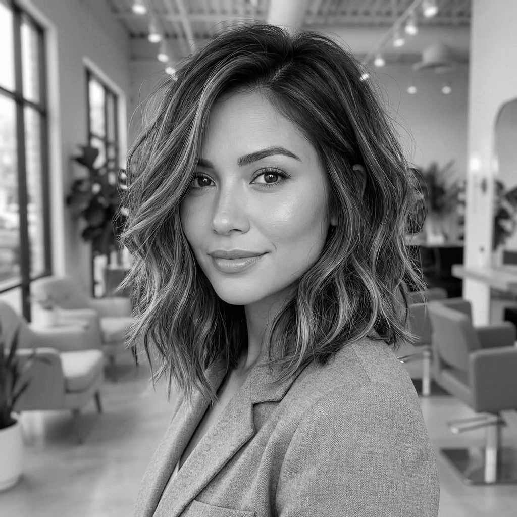 Woman with wavy, shoulder-length hair smiles, wearing a grey blazer in a salon setting.