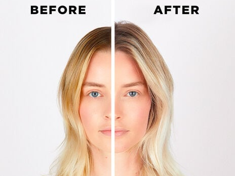 Woman with blonde hair, before and after hair dye application.