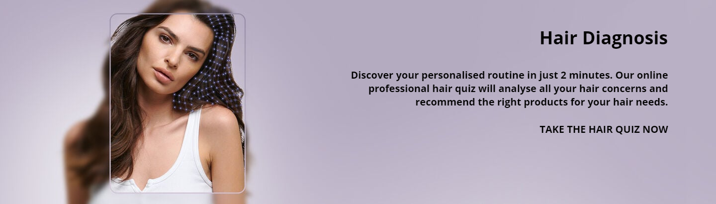 Woman with long hair. Text: Hair Diagnosis, discover your personalized results in just 3 minutes.